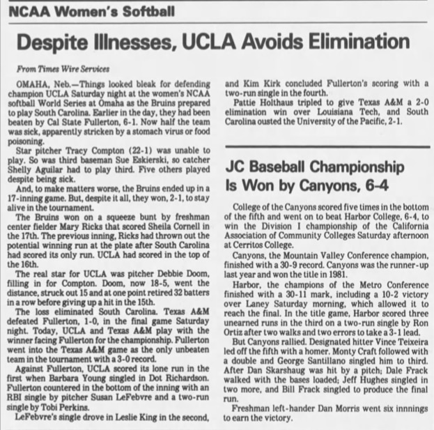 LA Times UCLA softball in the 1983 WCWS