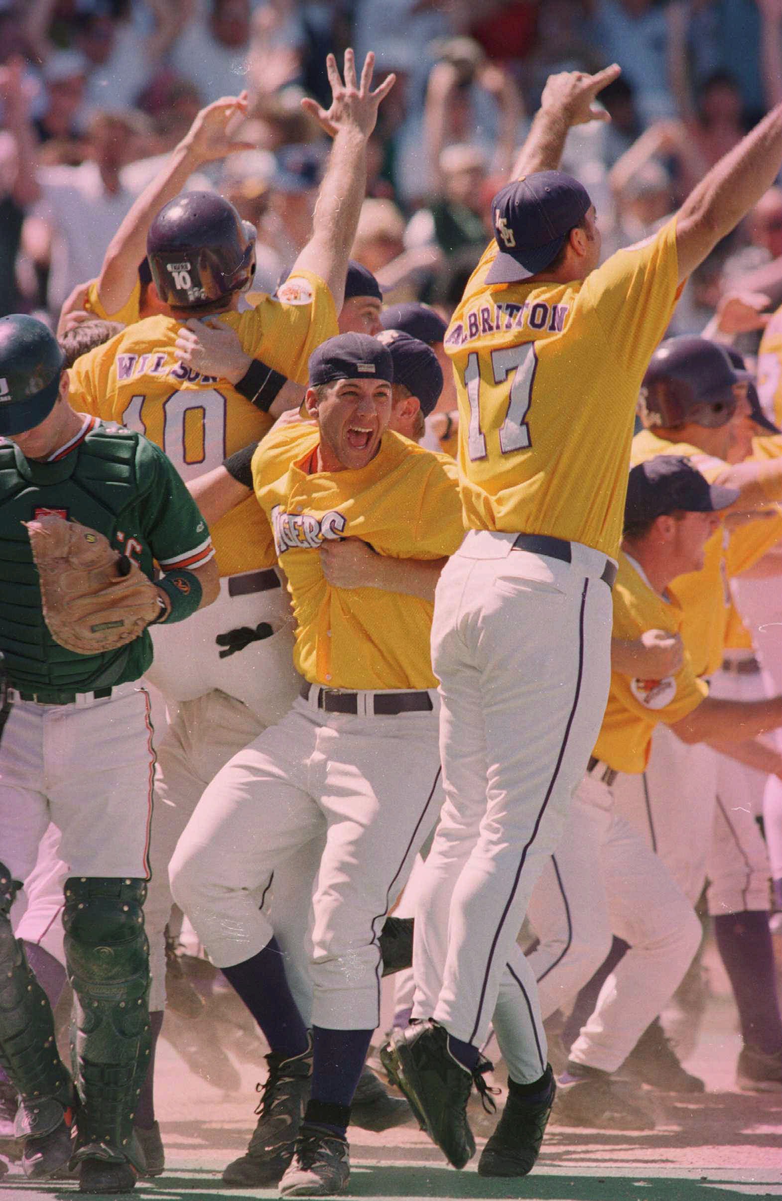 LSU celebrates at home plate / Getty Images