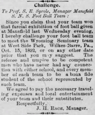 Wyoming Seminary challenged Mansfield to a rematch after the 1892 game