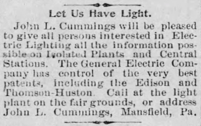 The Mansfield Advertiser promotes the new lighting setup at the 1892 fair