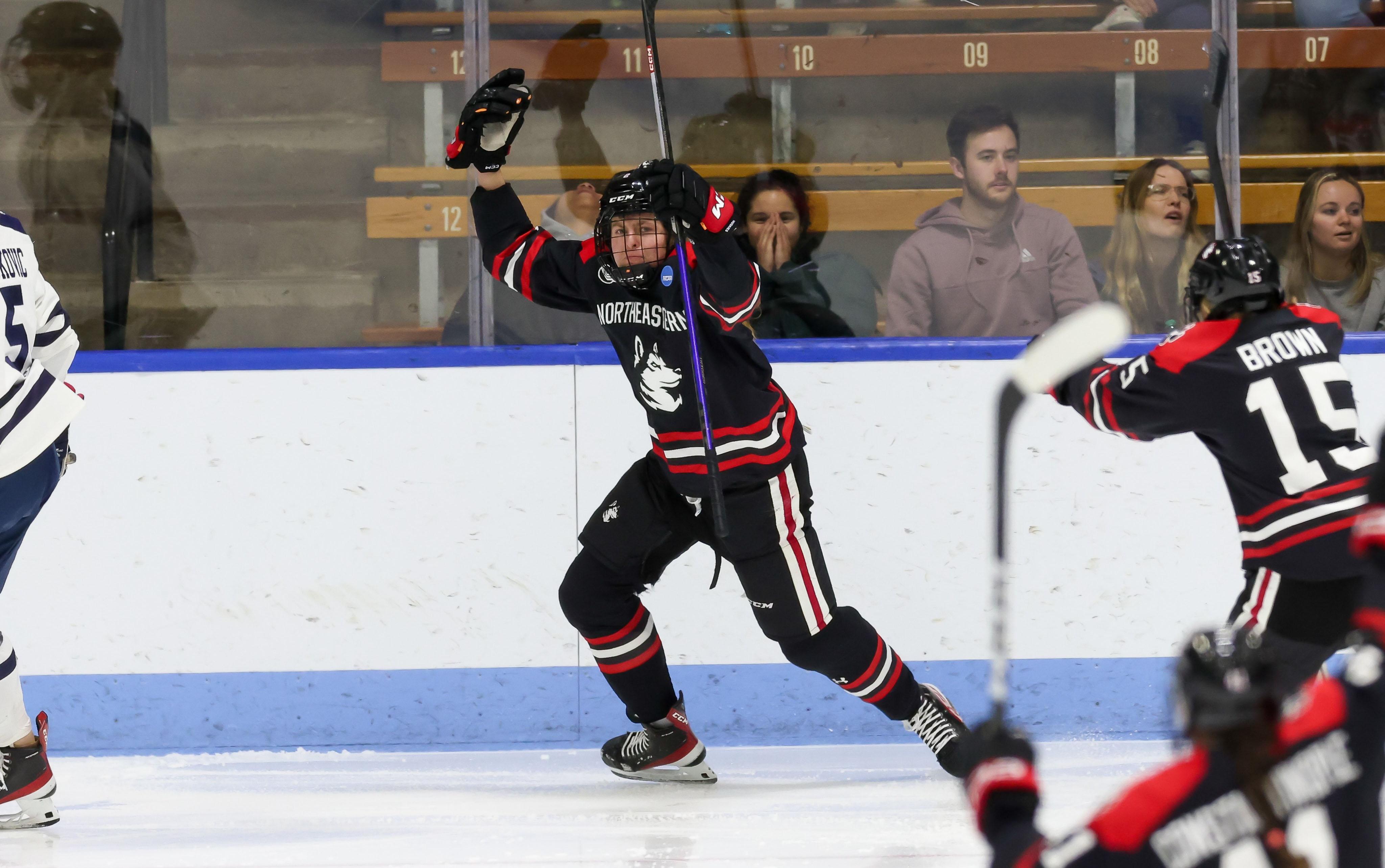 Northeastern women's hockey celebrates against Yale in the 2023 NC women's ice hockey tournament