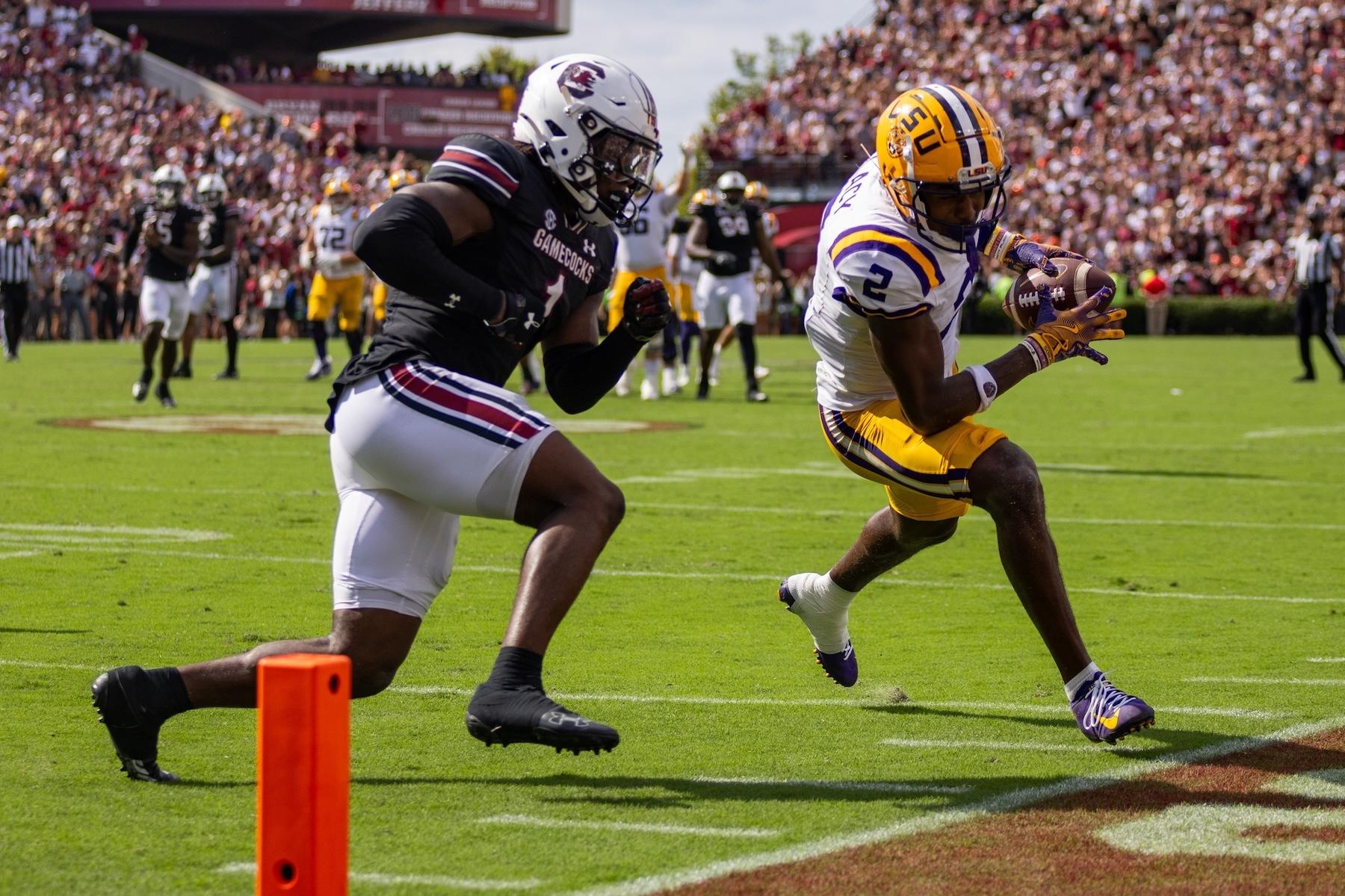 LSU wide receiver Kyron Lacy versus South Carolina defender