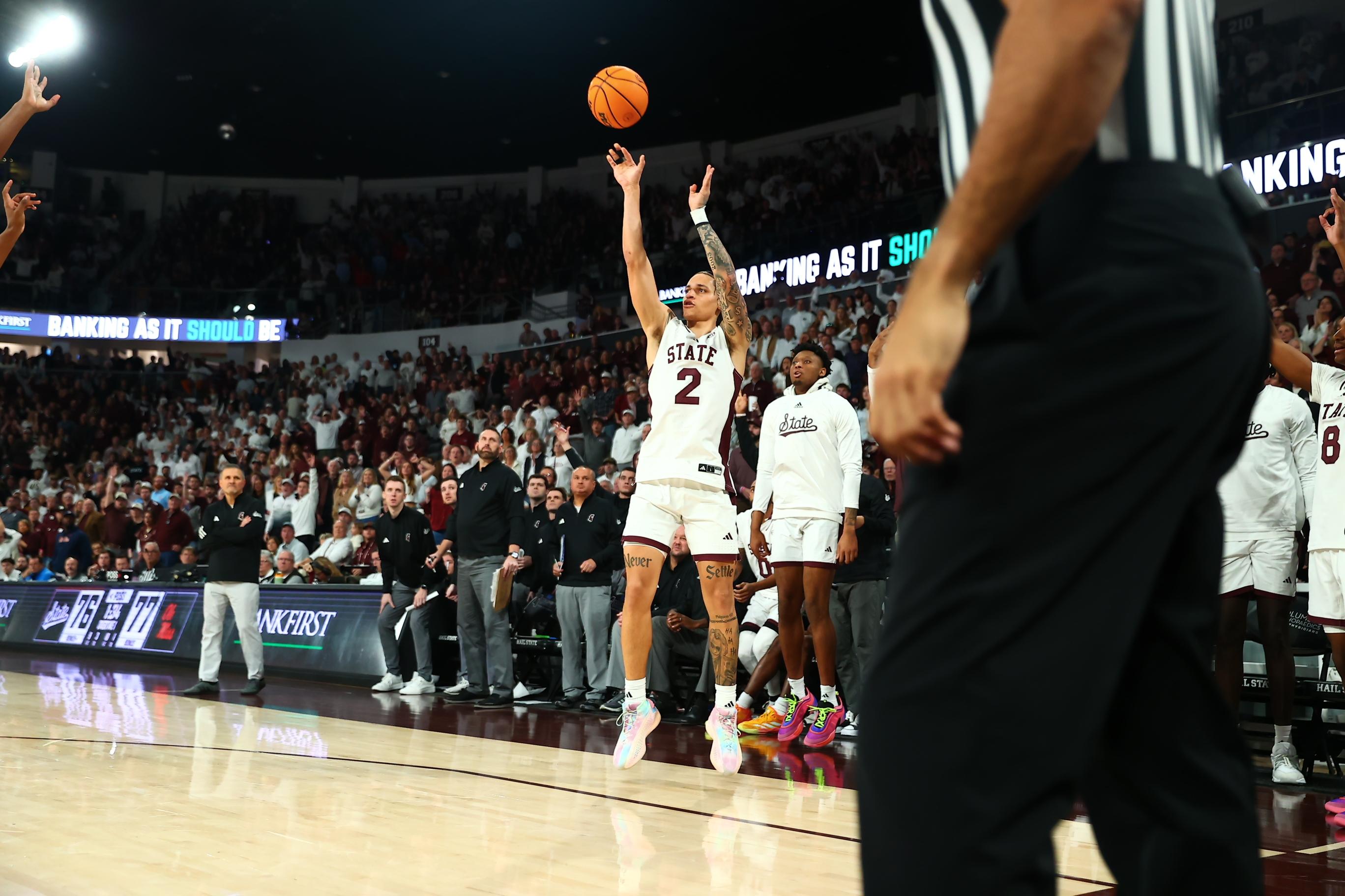 Riley Kugel shoots a three-pointer to take the lead in overtime against Ole Miss