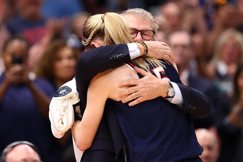 Paige Bueckers and Geno Auriemma celebrate 2025 national championship