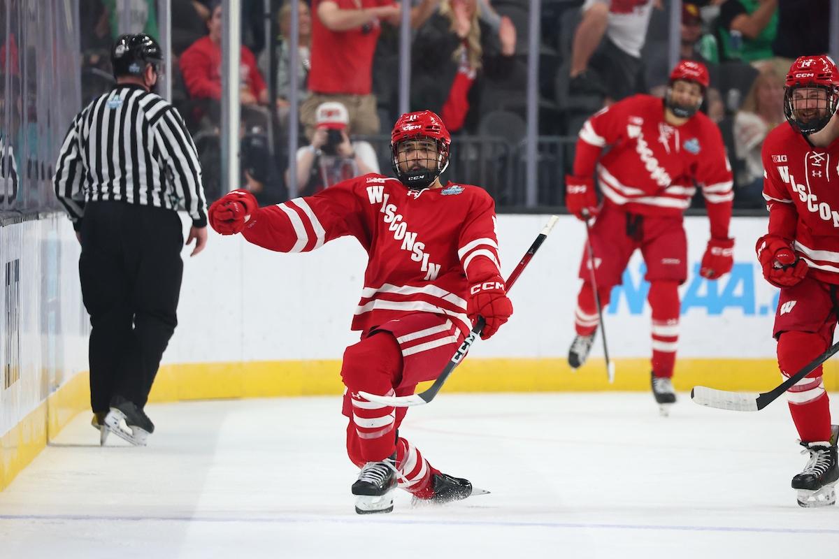 Simon Tassy scores in the Frozen Four semifinal against North Dakota