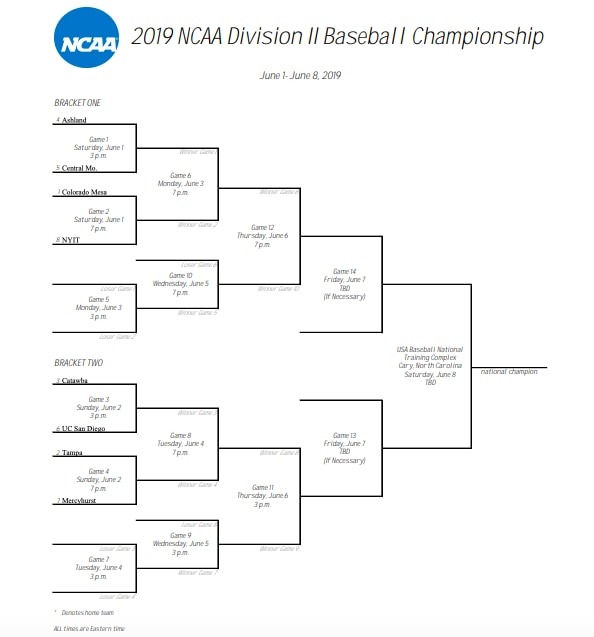 The 2019 DII baseball championship bracket.