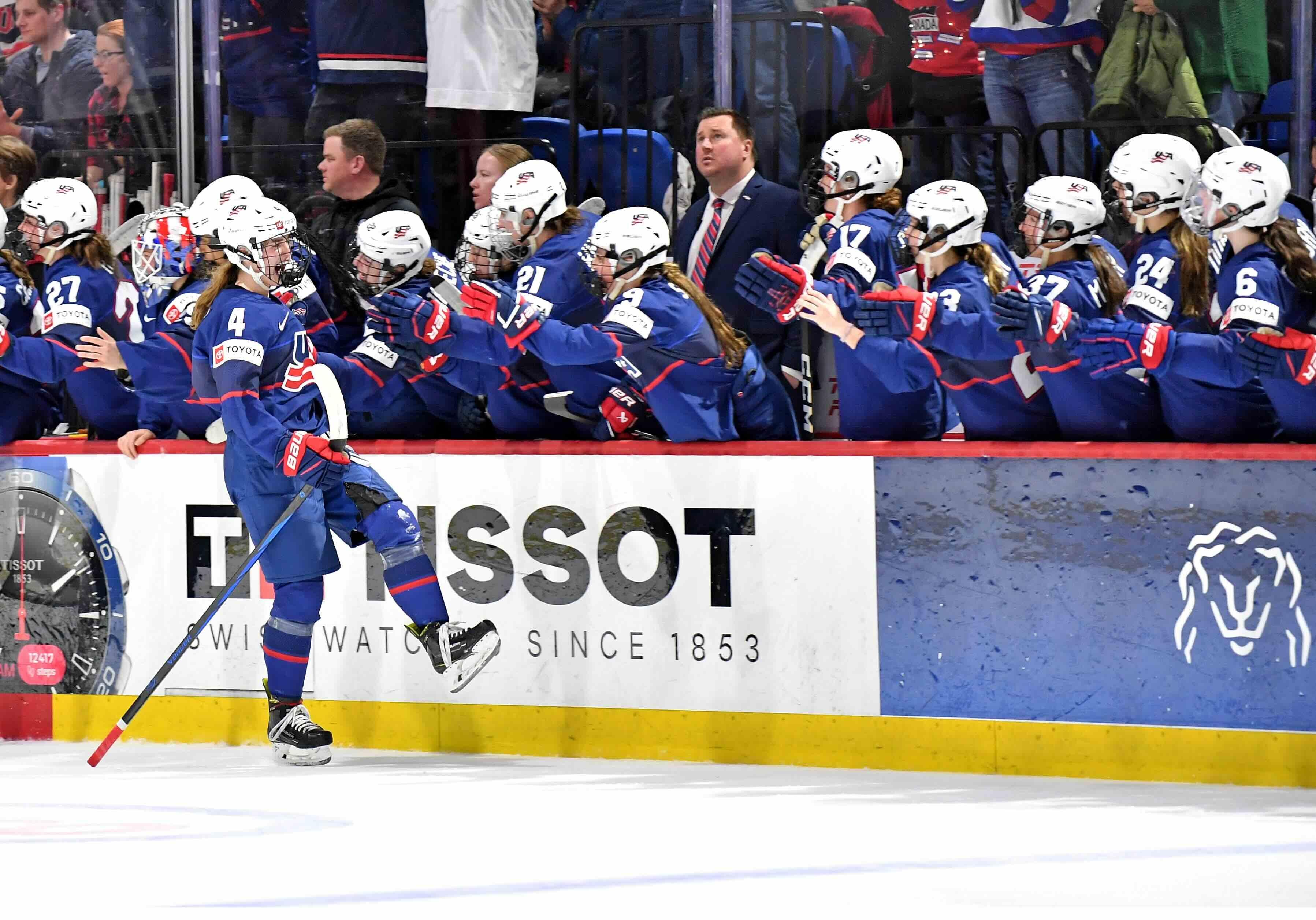 Wisconsin's Caroline Harvey celebrating a goal for team USA in 2024